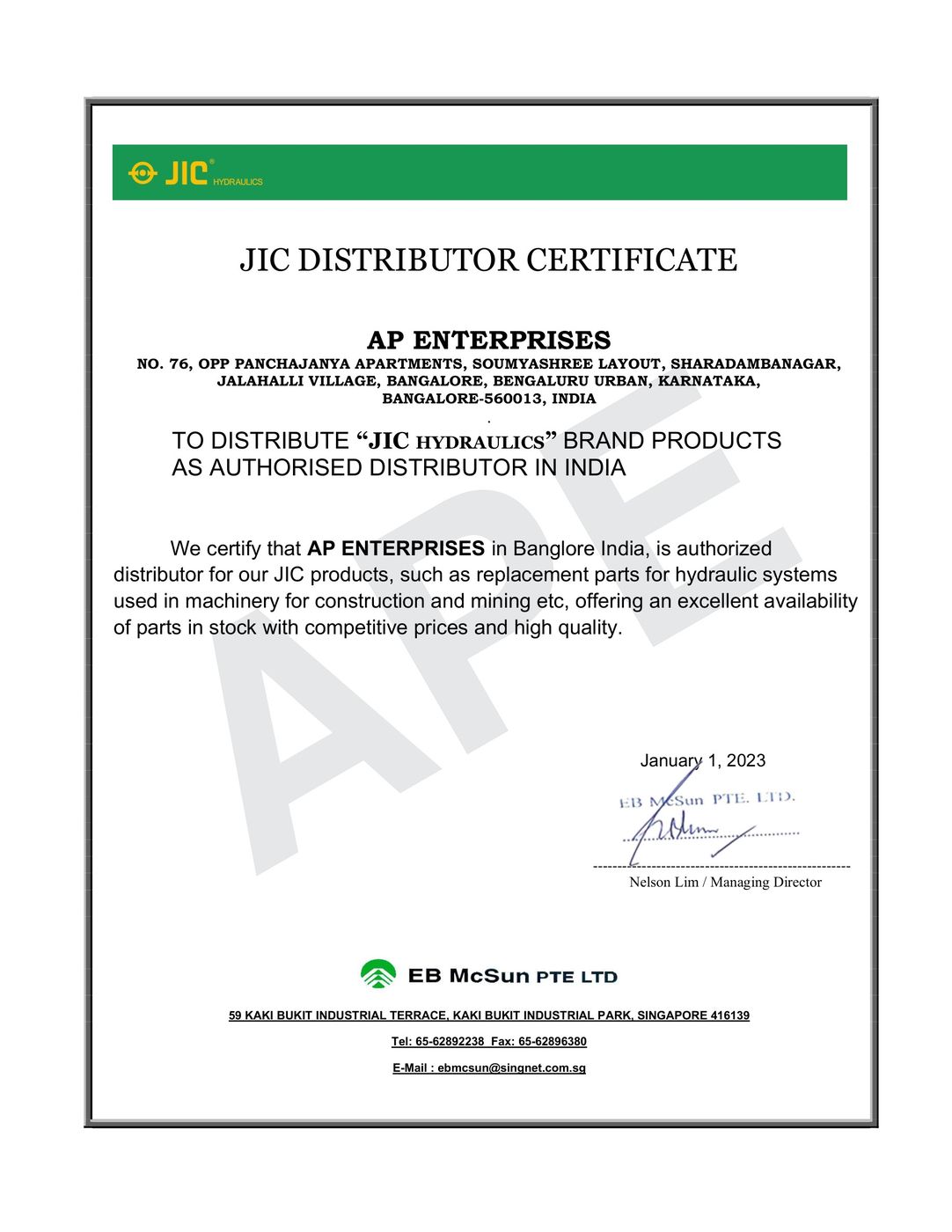 JIC Distributor Certificate
